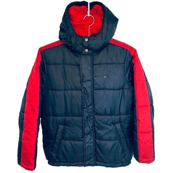 TOMMY HILFIGER FULL ZIP HOODED LINED PUFFER JACKET, NAVY BLUE & RED, Med (10/12) - Picture 2 of 10